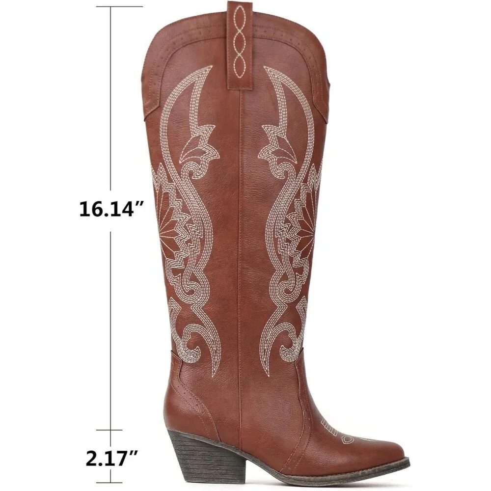 Women's Brown Faux Leather Pointed Toe and Block Heel Classic Embroidered Boot